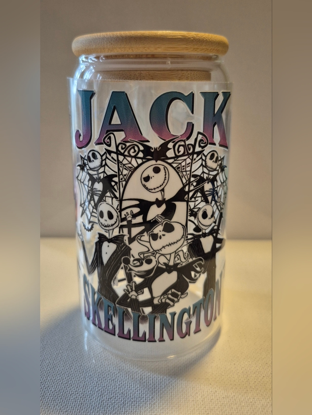 Jack SKELLINGTON 16oz Glass Tumbler Custom Made To Order ➕️ Lid Straw